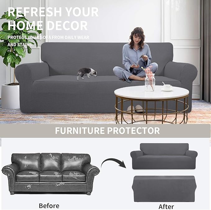 Easy-Going Stretch Sofa Slipcover 1-Piece Sofa Cover Furniture Protector Couch Soft with Elastic Bottom for Kids, Polyester Spandex Jacquard Fabric Small Checks (Sofa, Gray)