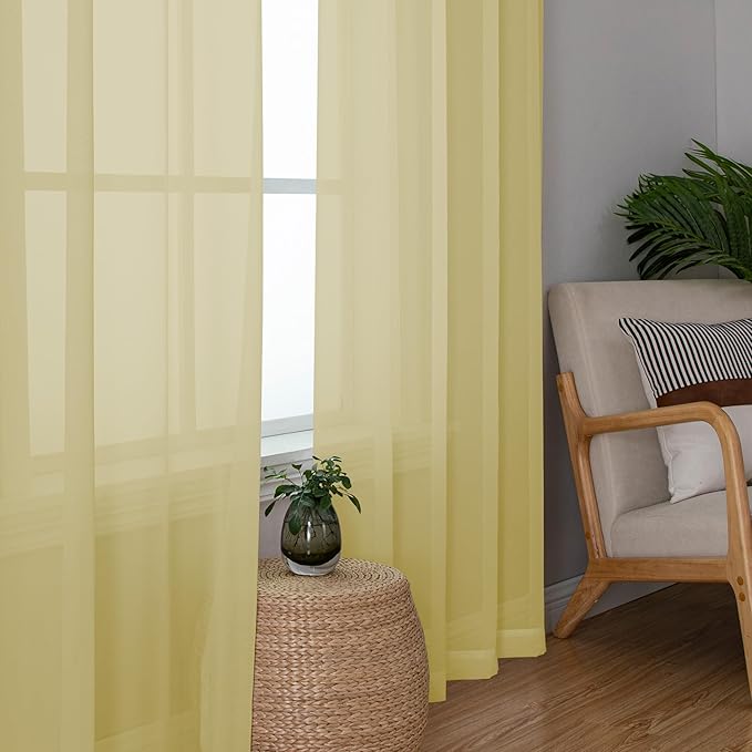 Chyhomenyc Mustard Yellow Sheer Curtains 96 inches Long 2 Panels, Light Filtering Soft Airy Solid Elegant Voile Window Treatment Drapes for Bedroom Living Room, 42Wx96L, 8FT L