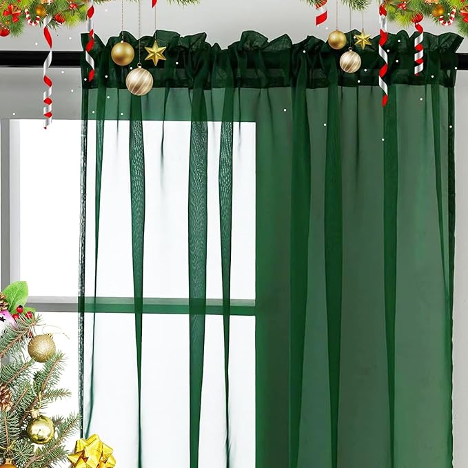 SpaceDresser Sheer Voile Window Treatment Rod Pocket Curtain Panels for Kitchen Bedroom Living Room Drapes Sunlight Filtering Privacy Semi Home Decor Assorted Colors Sizes (Foliage Green, 52 W x 90 L)