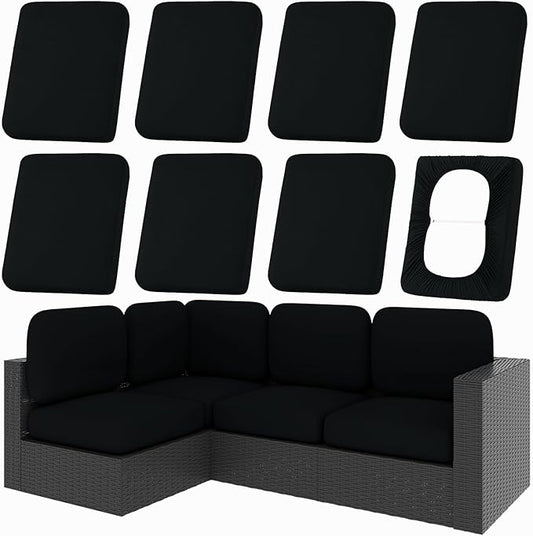 hyha 8Pcs Patio Cushion Covers, Stretch Outdoor Couch Cushion Covers Replacement, Washable Outdoor Chair/Sofa Slipcovers for Patio Furniture Cushions Protector with Elastic Bottom(Black,Cover Only)
