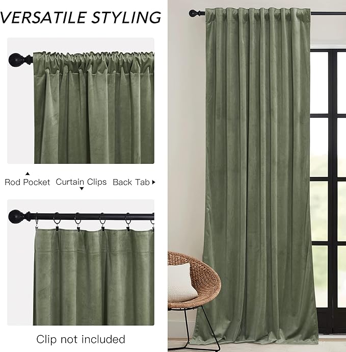 RYB HOME Sage Green Velvet Curtains 84 inches, Room Darkening Super Soft Velvet Drapes with Pleat Tape for Living Room, Thermal Insulated Window Treatment for Bedroom, W52 x L84 inch, 2 Panels