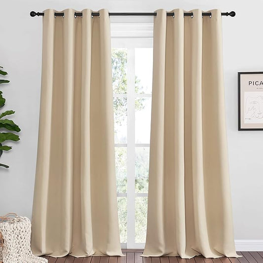 NICETOWN Bedroom Room Darkening Curtains, Biscotti Beige, 1 Pair, 55 inches by 120 Inch, Triple Weave Microfiber Grommet Top Thermal Insulated Solid Darkening Panels/Drapes for Kid's Room