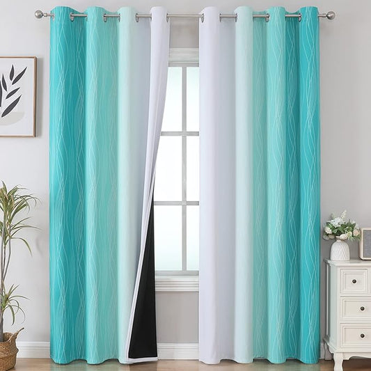 Estelar Textiler Teal and Grayish White Blackout Curtains for Living Room, Ombre Thermal Insulated Noise Reducing Blackout Drapes for Bedroom, Full Room Darkening Grommet Curtains, 52Wx84L, 2 Panels