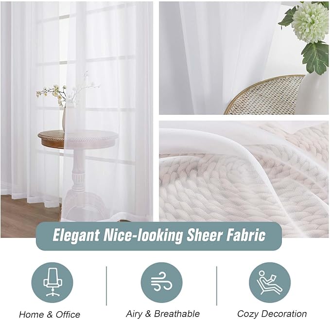 White Sheer Curtains 90 Inches Long 2 Panels, Light Filtering Solid Sheer Curtains for Bedroom Living Room, Lightweight Soft Airy Window Voile Sheer Drapes, Dual Rod Pocket, 2x42Wx90L Inches