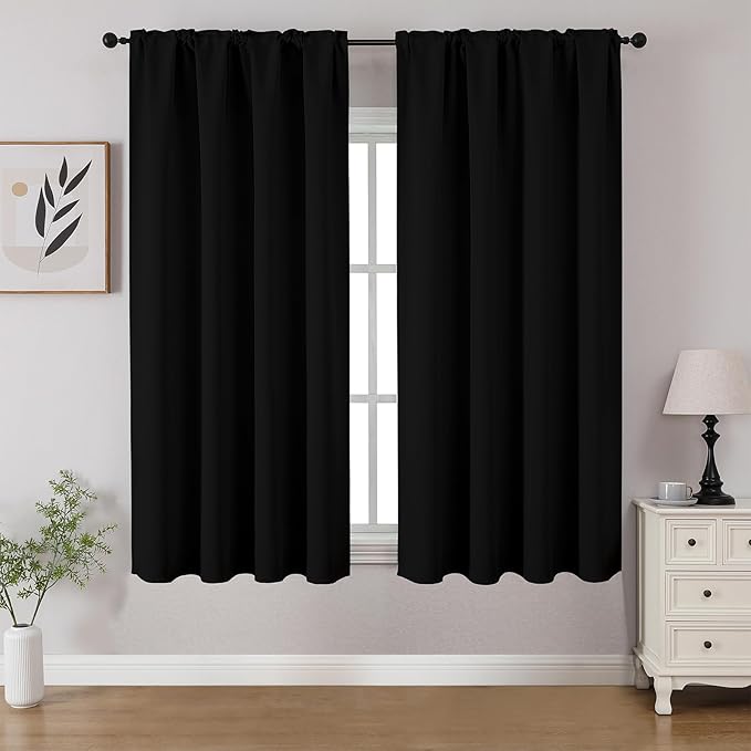 CUCRAF Black Blackout Curtains 45 inch Length 2 Panels Set, Rod Pocket Room Darkening Drapes for Bedroom Living Room, Insulated Thermal Light Blocking Window Curtain (W52 x L45 Inch)
