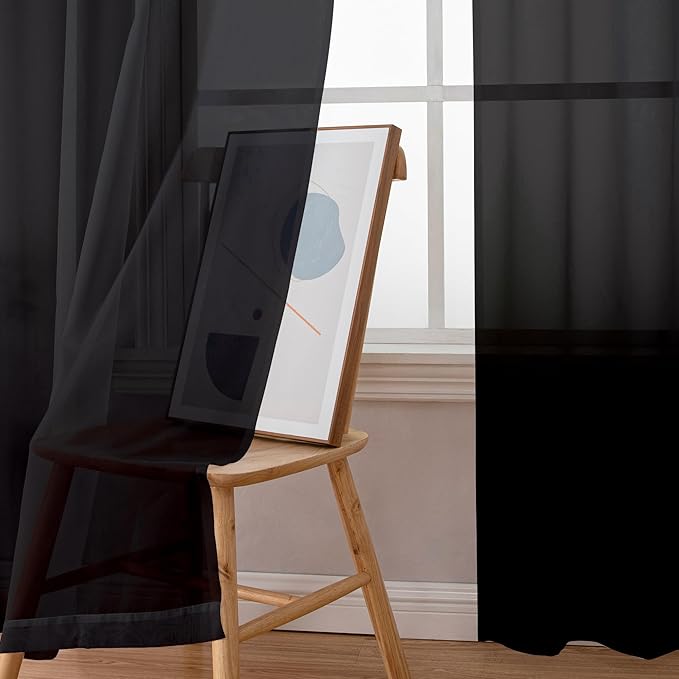 Simplebrand Black Sheer Curtains 96 Inches Long, Light Filtering Rod Pocket Solid Color Window Sheer Curtain Panels, Elegant Curtains & Drapes for Living Room, Bedroom 2 Panels (Black, 59" W x 96" L)