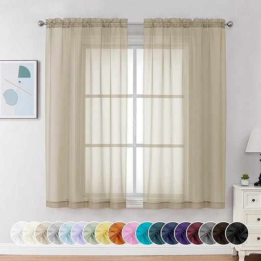 Chyhomenyc Taupe Sheer Curtains 54 Inch Long 2 Panels, Light Filtering Rod Pocket Voile Short Curtains Drapes for Living Room Bedroom Small Windows, 42Wx54L Inches