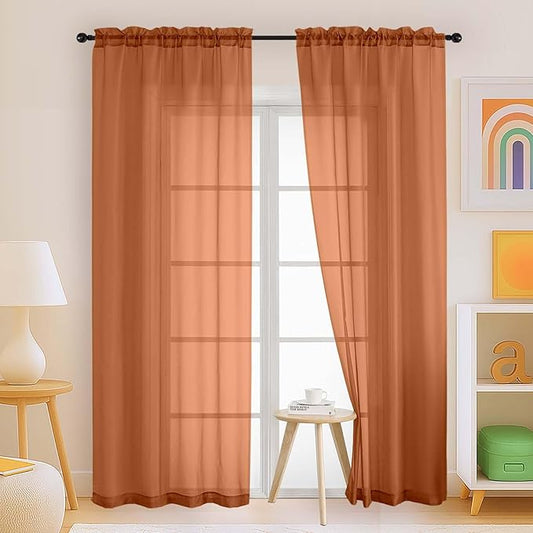 Orange Sheer Curtains 90 Inches Long 2 Panels, Light Filtering Solid Sheer Curtains for Bedroom Living Room, Lightweight Soft Airy Window Voile Sheer Drapes, Dual Rod Pocket, 2x42Wx90L Inches