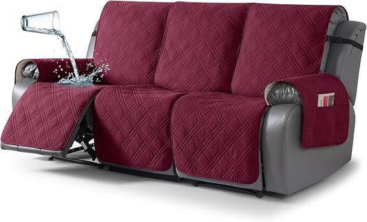 TAOCOCO 100% Waterproof Recliner Sofa Covers 3 Seater, Split Couch Covers for Reclining Couches, Non Slip Reclining Couch Covers with Double Straps for Kids Pets(3 Seater, Wine)