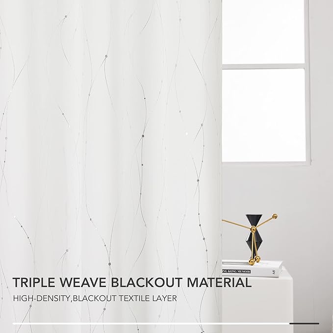 Deconovo White Curtains, Room Darkening Curtain, Thermal Insulated Soundproof Drapes, Wave Dots Silver Print, 52 x 54 Inch Long, Grommet Top, Window Panels for Living Room Bedroom Kitchen, Set of 2