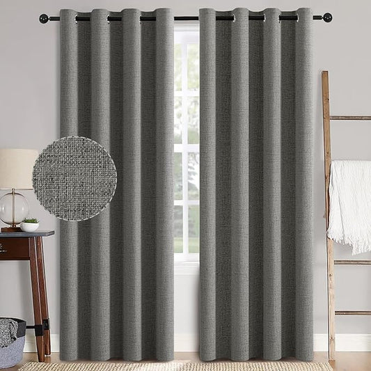 MIULEE Linen Texture 90 Inches Curtains for Bedroom 100% Blackout Thermal Insulated Dark Grey Curtains Grommet Room Darkening Luxury Decor for Living Room Nursery 52x90 Inch (2 Panels)