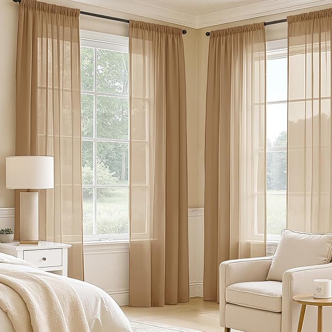 MIULEE Brown Sheer Curtains 84 Inches Long, 4 Panels Set, Rod Pocket Voile Drapes Light Filtering and Semi Transparent, Elegant Window Treatments for Bedroom Living Room,54 x 84 Inches