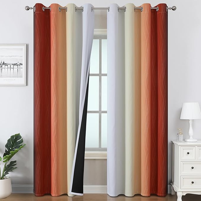 Estelar Textiler Burnt Orange and Greyish White Ombre Blackout Curtains 90 Inch Length for Living Room, Room Darkening Grommet Gradient Thermal Insulated Drapes for Bedroom,52Wx90L Inches (2 Panels)