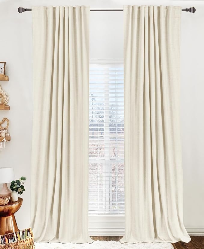 100% Blackout Shield Linen Blackout Curtains for Bedroom 84 Inches Long, Back Tab/Rod Pocket Living Room Drapes, Thermal Insulated Blackout Curtains 2 Panels Set, 50" W x 84" L, Light Cream