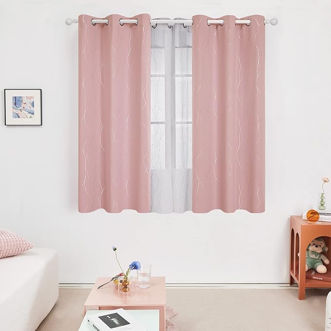 Deconovo Pink Curtains, Blackout Drapes, Thermal Insulated Soundproof Curtain, Silver Wave Dots Print, 45 x 45 Inch Long, Machine Washable Window Panels for Girls Bedroom Living Room Kitchen, Set of 2