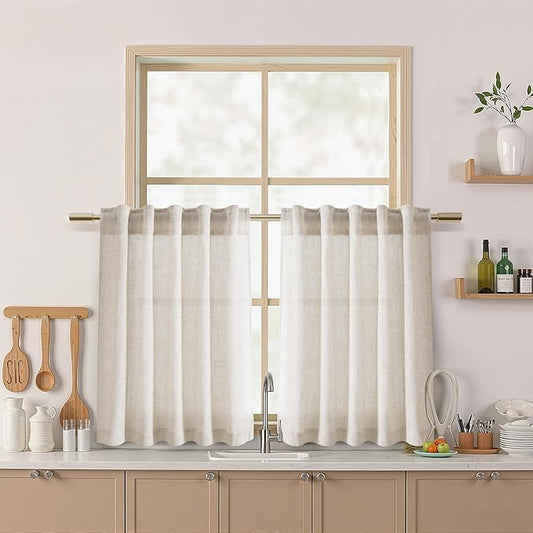 Nanspring Beige Farmhouse Curtains 30 Inch Length for Kitchen Linen Blend Semi Sheer Curtains Back Tab and Rod Pocket Rustic Farmhouse Decor for Cafe Small Window Curtain 36 x 30 Inch, 2 Panels
