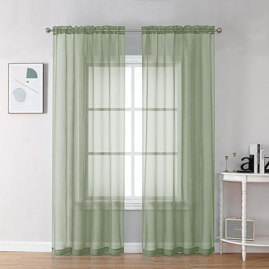 OVZME Sage Green Sheer Curtains 90 Inches Long 2 Panels - Soft Light Filtering Window Sheer Panels for Living Room/Bedroom, Top Dual Rod Pocket, 1 Pair, Each 42Wx90L Inches