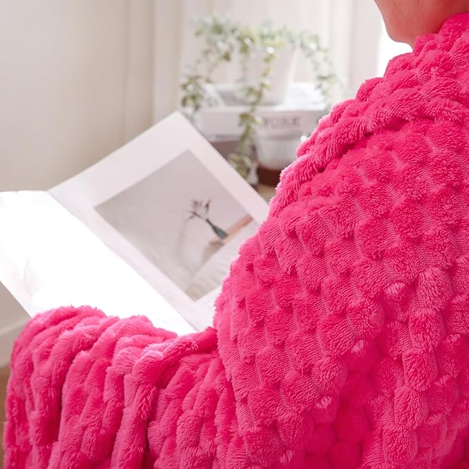 Puncuntex Hot Pink Throw Blanket 60"×80" inches Fuzzy 3D Jacquard Decorative Flannel Fleece Super Soft Plush Cozy Blanket for Couch Sofa Chair Lightweight