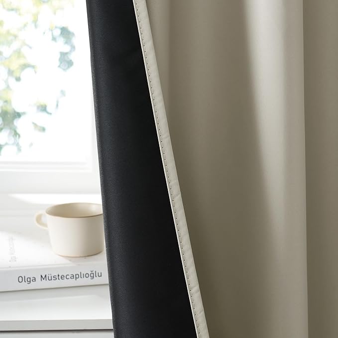 RYB HOME 100% Blackout Short Curtains for Small Window, Thermal Insulated Total Room Darkening Noise Reducing Curtains for Kitchen Bathroom Basement, 42 inches Wide by 45 inches Long, Natural