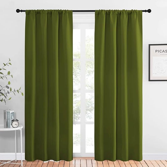 NICETOWN Christmas Decoration Blackout Curtain for Kitchen Window, Function Thermal Insulated Blackout Panels for Bedroom, 1 Pair, Olive Green, Rod Pocket Style, 42 by 84 inches