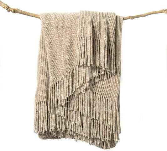lifein Throw Blanket for Couch, Soft Boho Decor Bed Throw,Cozy Beige Knitted Chenille Small Farmhouse Lightweight Throw (Beige,60 * 80")