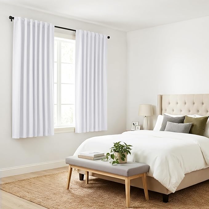 PONY DANCE White 50% Lighting Blocking Curtains for Bathroom, Short Non-See-Through Thermal Insulated Room Darkening Back Tab Small Drapes for Nursery Bedroom Window, W34 x L45, Pure White, 2 Panels