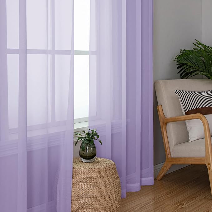 OWENIE Light Purple Sheer Curtains 54 Inch Length 2 Panels Set, Rod Pocket Voile Sheer Curtains & Drapes for Bedroom/Living Room, Soft Sheer Short Curtains for Windows, Total 84Wx54L inch, Lavender
