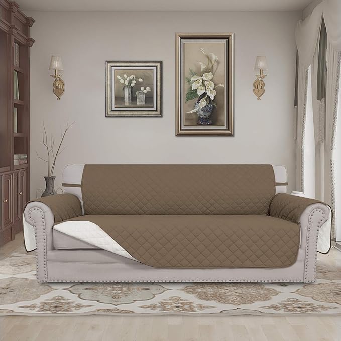 Easy-Going Reversible Couch Cover for 3 Cushion Couch Sofa Cover for Dogs Water Resistant Furniture Protector Cover with Foam Sticks Elastic Straps for Pet Cat (Sofa, Camel/Ivory)