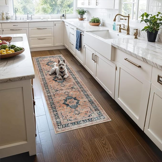 Washable 2x5 Hallway Runner Rug: Indoor Vintage Water Resistant Kitchen Entryway Rug Soft Living Room Bedroom Carpet Thin Low Pile Non Slip Floor Mat for Bathroom Laundry Dining Room(2X5,Orange)