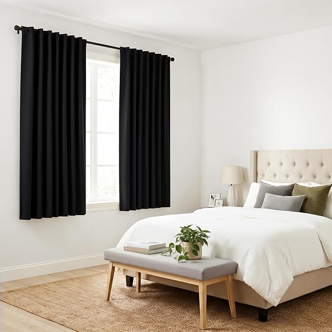 PONY DANCE Black Kitchen Blackout Curtains Over Sink, Short Half Curtains for Bathroom Basement Small Window Decor, Thermal Insulated Light Blocking Bedroom Draperies, W 42 x L 45 inches, 2 Panels Set