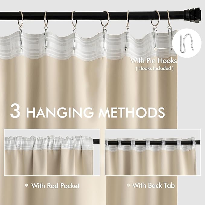 MIULEE Cream Beige Back Tab Light Blocking Curtains 132 Inch Length 2 Panels Set for Living Room Bedroom Privacy, Rod Pocket/Pinch Pleat Thermal Insulated Room Darkening Pleated Blackout Drapes