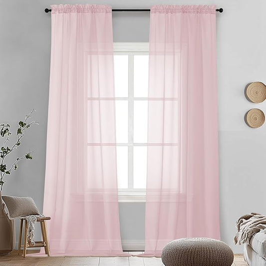 OVZME Blush Pink Sheer Curtains 96 Inches Long 2 Panels - Soft Light Filtering Window Sheer Panels for Living Room/Bedroom, Top Dual Rod Pocket, 1 Pair, Each 42Wx96L Inches