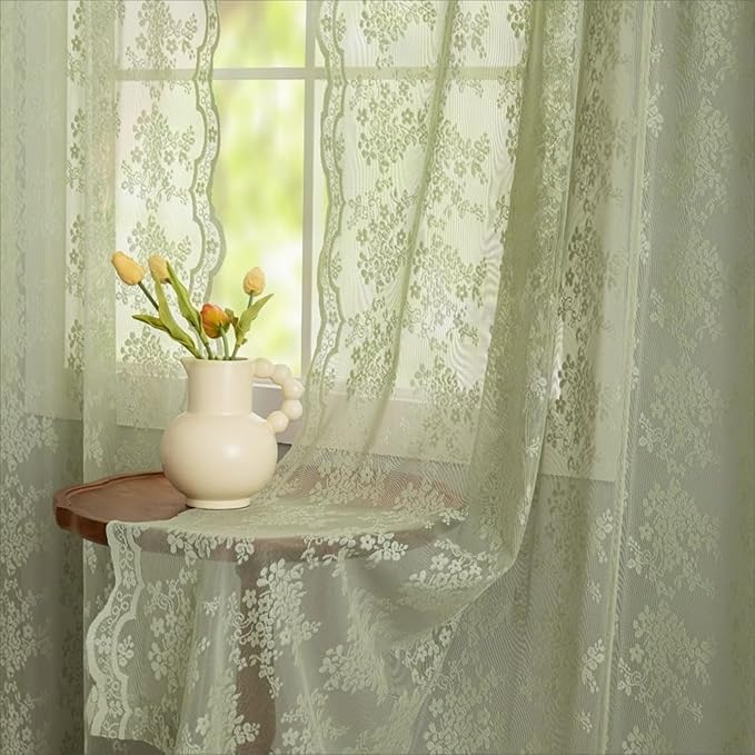 YJ YANJUN Vintage Lace Curtains -Cottage Flower Sage Green 132 inch Curtains for Living Room Bedroom, Extra Long Light Filtering Boho Drapes for Villa Patio Sliding Door 11 FT W52 x L132 2 Panels