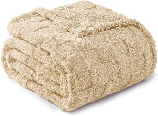 Exclusivo Mezcla Fleece Throw Blanket for Couch,Super Soft and Warm Lightweight Checkered Pattern Blankets for All Seasons,50x60 Inches, Beige