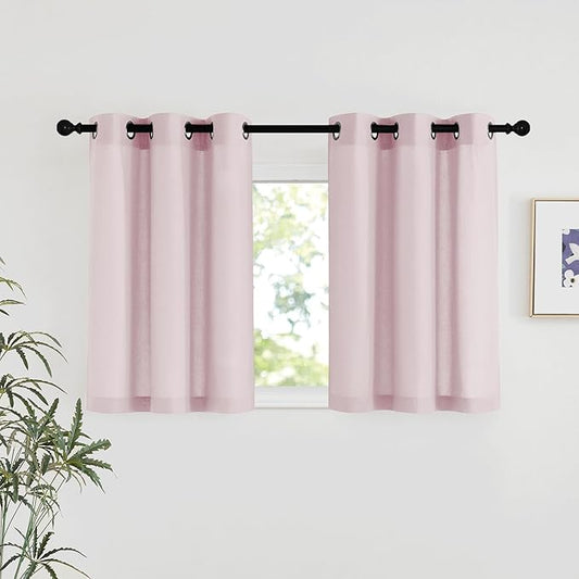 NICETOWN Blush Pink Linen Curtains for Kitchen, Thick Flax Small Window Treatments Semi Sheer Privacy Assured with Light Through for Cafe/Bathroom, W42 x L36, 2 Panels