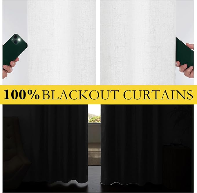 NICETOWN 100% Absolutely Blackout Linen Curtains with Thermal Insulated Liner, Greyish White, 62" Wide, 63" Length Energy Saving Curtains for Kitchen 2 Panels Set, Vertical Blinds