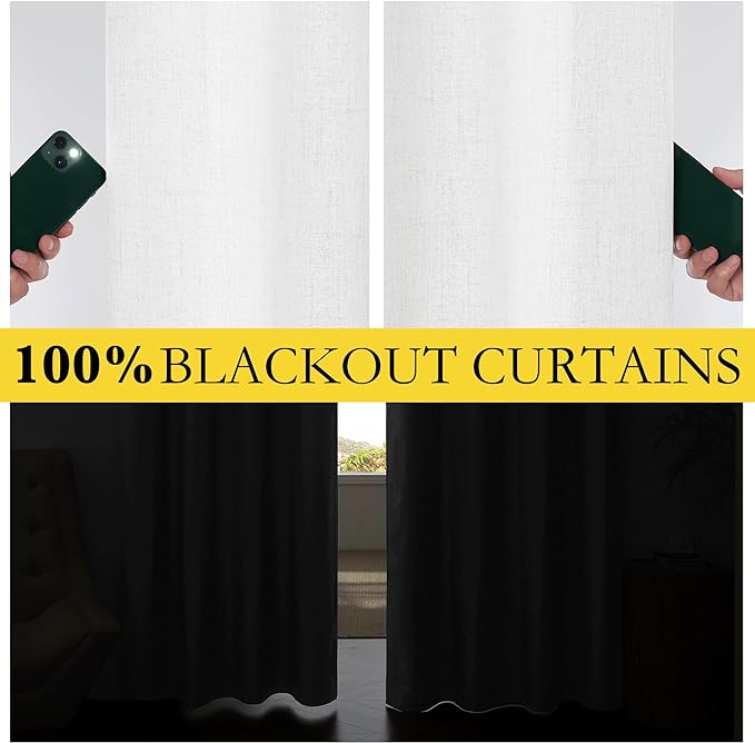 NICETOWN 100% Absolutely Blackout Linen Curtains with Thermal Insulated Liner, Greyish White, 52" Wide, 120" Length Energy Saving Curtains for Living Room 2 Panels Set, Vertical Blinds