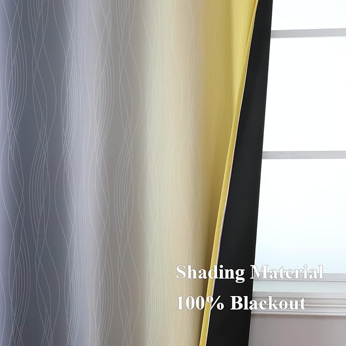 Estelar Textiler Ombre Grey and Yellow Blackout Curtains 72 Inch Length 2 Panels, Full Light Blocking Curtains for Living Room,Grommet Thermal Insulated Gradient Drapes for Bedroom, 52x72 Inch