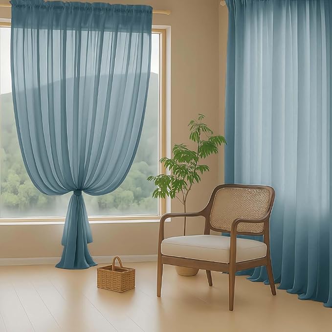 Dusty Blue Sheer Curtains for Window 72 inches Long 2 Panels Set, Soft Airy Modern Light Filtering Sheer Curtains for Living Room Bedroom, Dual Rod Pocket Solid Window Drapes, 2x42Wx72L inches