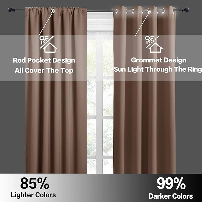 RYB HOME Short Blackout Curtains for Bedroom, Room Darkening Insulated Summer Heat Light UV Blocking Energy Saving Drapes for Nursery, Width 34 by Length 48, Mocha, Set of 2