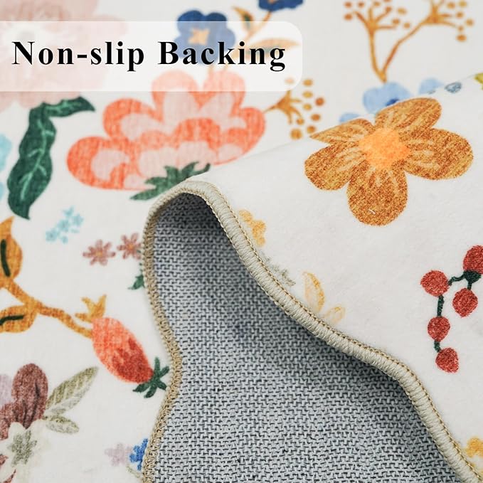 Hallway 2x5 Washable Runner Rug: Stain Resistant Floral Scalloped Rug for Kitchen Entryway Farmhouse Soft Carpet for Bathroom Bedroom Thin Laudry Living Room Floor Mat with Non Slip Backing(2x5,Cream)