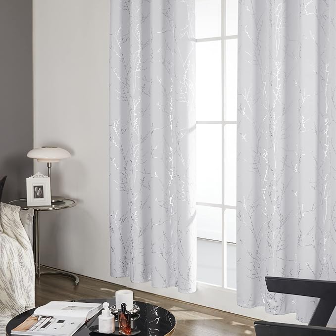Deconovo Greyish White Curtains, Room Darkening Curtain, Thermal Insulated Soundproof Drapes, Silver Branch Print, 52 x 84 Inch Long, Grommet Window Panels for Living Room Bedroom Patio Door, Set of 2