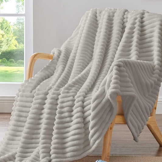 BEDELITE Fleece Throw Blanket for Couch - 300GSM Soft & Warm Fluffy Light Grey Blanket, Decorative and Giftable Striped Blankets for Women, Men, 50"x60"