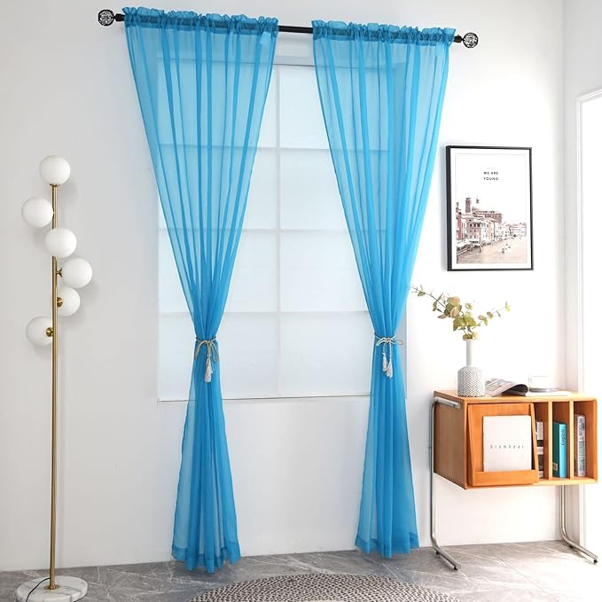 SpaceDresser Basic Rod Pocket Sheer Voile Window Curtain Panels Cyan Blue 1 Pair 2 Panels 52 Width 96 Inch Long for Kitchen Bedroom Children Living Room Yard(Cyan Blue,52 W x 96 L)