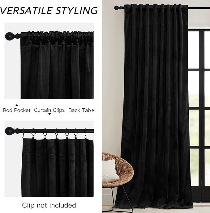 RYB HOME Black Velvet Curtains 84 inch, Blackout Window Curtains with Pleat Tape on Top for Bedroom Thermal Insulated Privacy Room Darkening Drapes for Living Room, W52 x L84 inch, 2 Panels