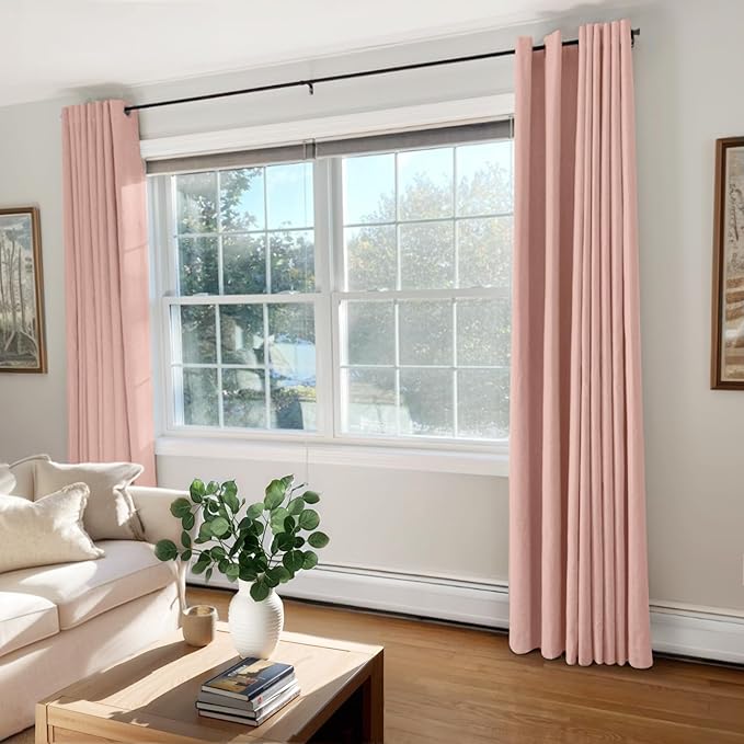 100% Blackout Shield Linen Blackout Curtains for Bedroom, Blush Pink Grommet Curtains for Living Room, Thermal Insulated Room Darkening Drapes for Nursery, Boho Home Decor, 50" W x 72" L, 2 Panels