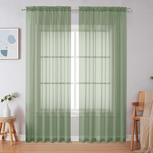 Simplebrand Sage Green Sheer Curtains 90 Inches Long 2 Panels, Light Filtering Rod Pocket Solid Color Window Sheer Curtain Panels, Elegant Curtains & Drapes for Living Room, Bedroom, 59" W x 90" L