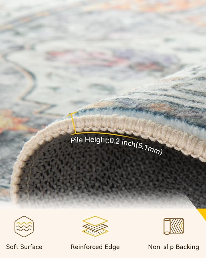 RELEANY Area Rugs 5'x7' Washable Non-Slip, Floral Vintage Distress Print Pattern Medallion Carpet for Living Room Bedroom Dining Room, Light Yellow Carbon Grey Orange