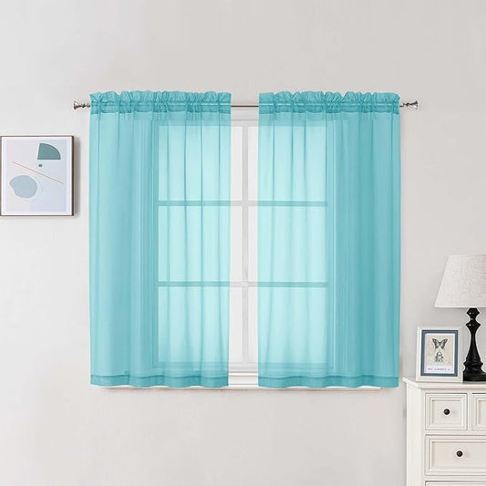 Chyhomenyc Aqua Sheer Curtains 45 Inch Long 2 Panels, Light Filtering Short Soft Airy Short Cafe Curtains, Modern Rod Pocket for Dinning Living Room Bedroom, 42Wx45L Inches