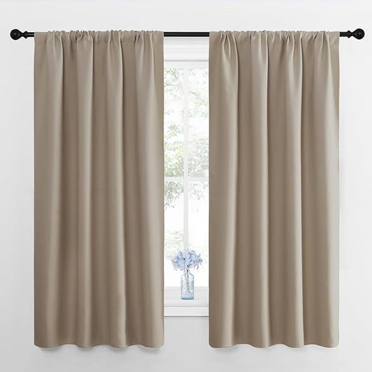 NICETOWN Window Curtains for Bedroom, Taupe, 2 Panels, W42 x L48 -Inch, Home Decoration Thermal Insulated Rod Pocket Blackout Blinds & Drapes for Small Windows